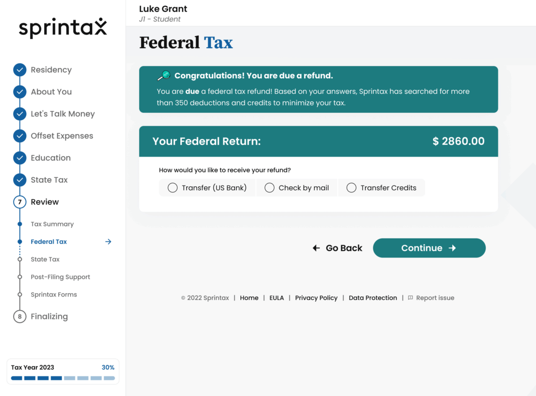Sprintax Returns Federal tax refund