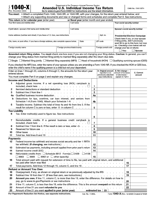 form 1040-X 2025 - U.S. amended taz return