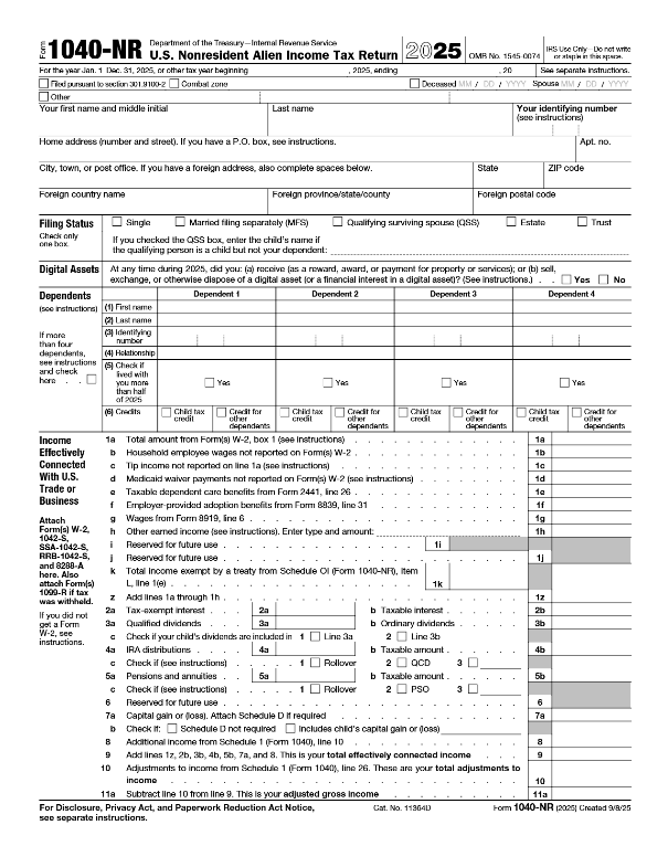 file form 1040NR for 2025