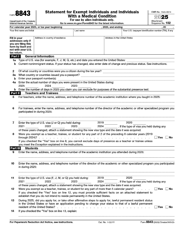 preparation of form 8843 for 2025
