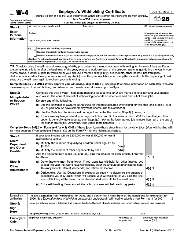 fill out form W-4 for 2026 with Sprintax Forms