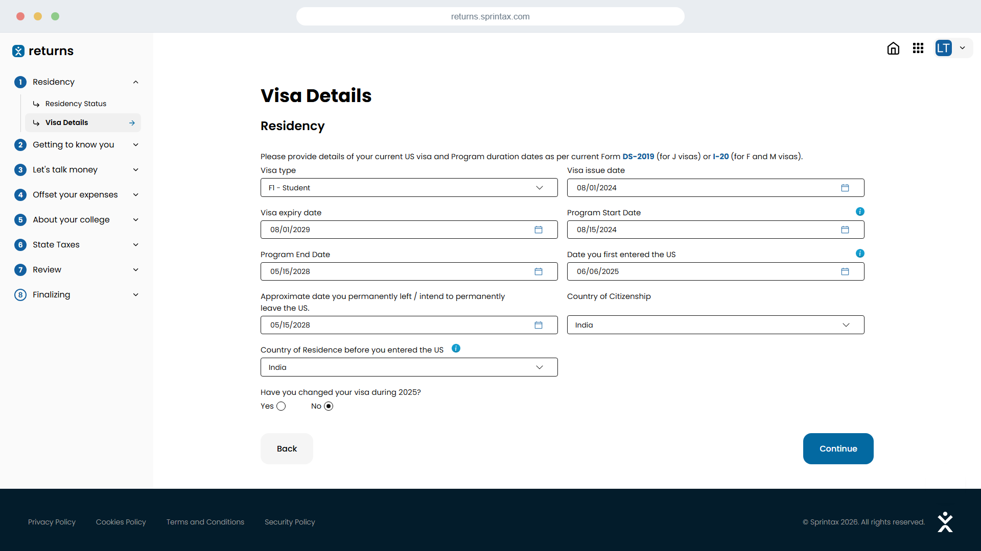 Sprintax Returns Visa Details