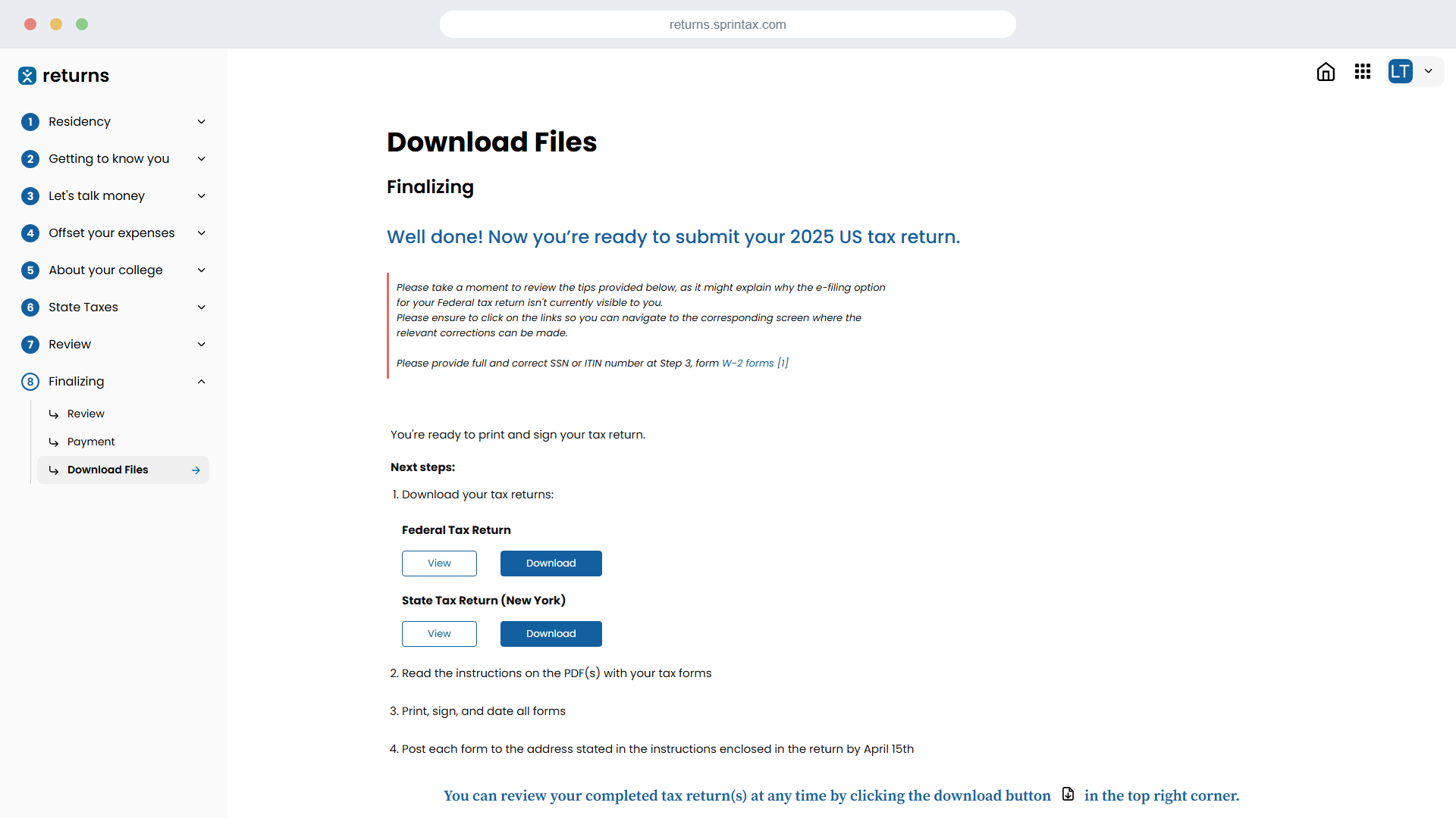 Sprintax Returns Download and mail tax return